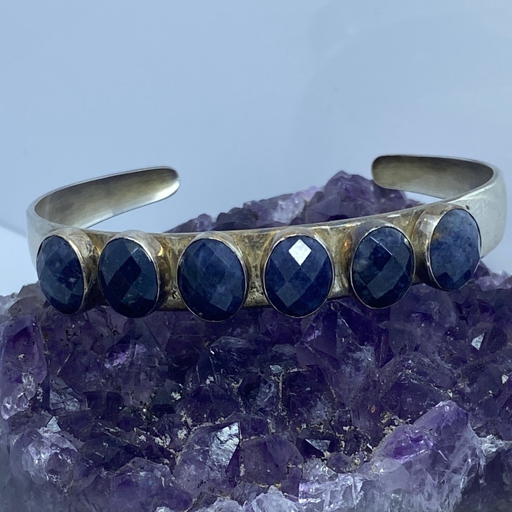 Faceted Lapis Lazuli Cuff Bracelet Sterling Silver by Desert Rose Trading 6.5”